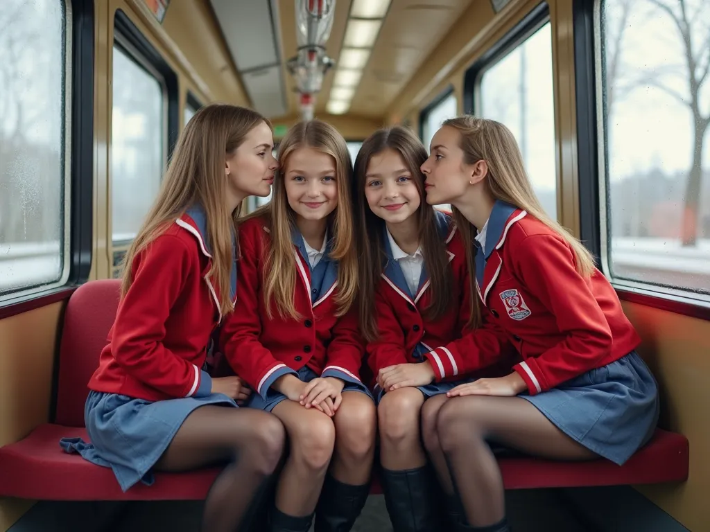 four russia 6years girls kisses sitting on train seat, View Photographer, whole body, (Smiling at the photographer), tight open breast tits russia school uniform, High boots, Clothes that show the open chest、Thin and long elbows、(wearing a open breast top,...