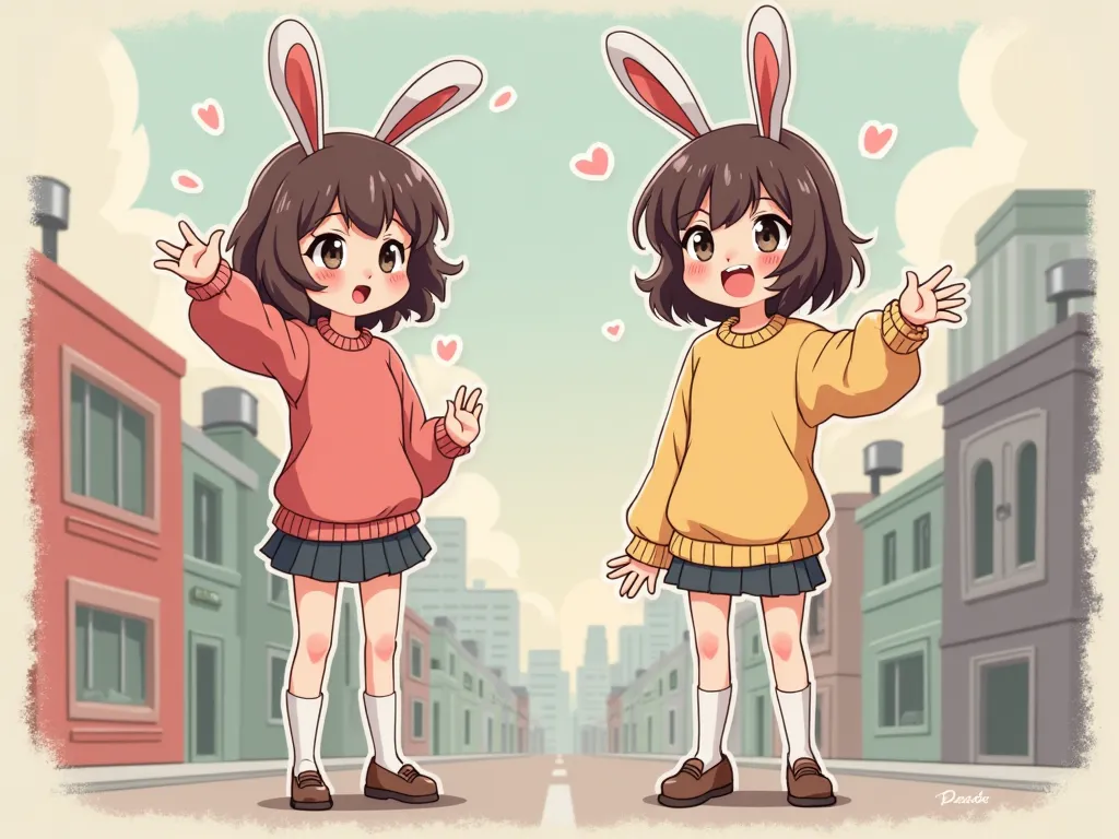 pretty strong transformation 、   cute anime girl with small head and body 、   Cute rabbit ears smile  、bold poses、 Dreamy Cute  、painfully cute、   simple loose sweater   、    knee length socks  、  urban background、 poster style  、flat-colors、  carefully ca...