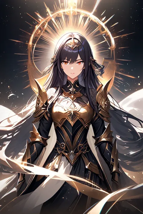 masterpiece, best quality, high score, great score, absurdres, black hair, amber eyes, flowing big dress, breastplate, gauntlets, white skin