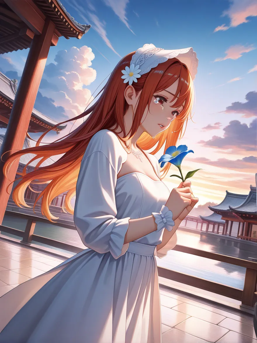 STUNNING SCREENING , Official Art ,电影视角1 Girl, alone,  holding a flower in her hand , cloud, Sky, backlit,  outdoors, skirt,  flowing hair ,  Ahog,  strapless,  White Flowers, white skirt,  sleeve over wrist , jacket, headdress, watching the audience,  lon...