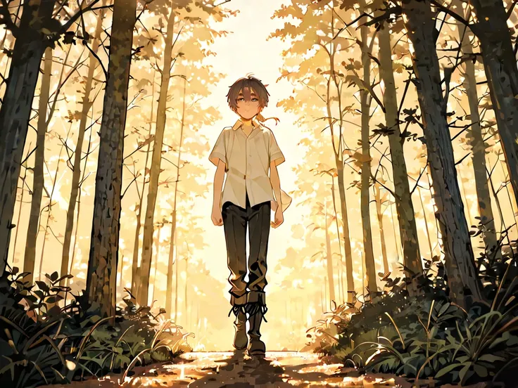 A boy stands on a forest path at dusk