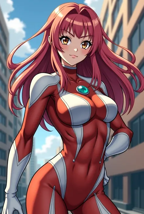 My Hero Academia Style , Anime girl, female, young female,muscular female,Full Body Shot,(fighting Pose:2),Long hair, Red Hair,  Brown Eyes,Hero Suit, Full Body Suit, red suit with white details,small round blue jewel in the center of the chest, perfect an...