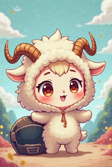 Chibi-style drawing of a  wearing a goat costume, with a motorcycle helmet on the side.