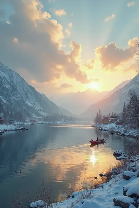  Scene 1: Kashmiri Landscape (Opening Scene)

Prompt:
"A breathtaking Kashmiri landscape with snow-covered mountains and a serene Dal Lake in the background. The sun is setting, casting a golden hue over the scene. Soft clouds float in the sky, and the atm...