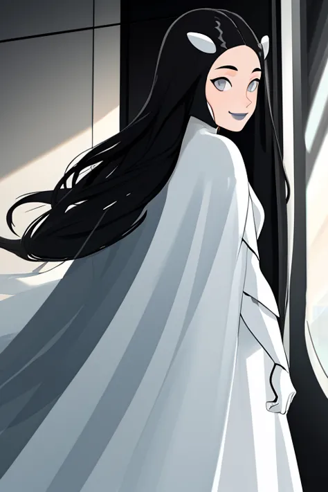 Tinya Wazzo, solo,black hair, long hair. grey eyes, smile, grey lips, white cape, best quality, masterpiece, 1girl, Masterpiece, Best Quality, Detail, room, From Behind, From Below, cape in front, Zoom Layer, standing