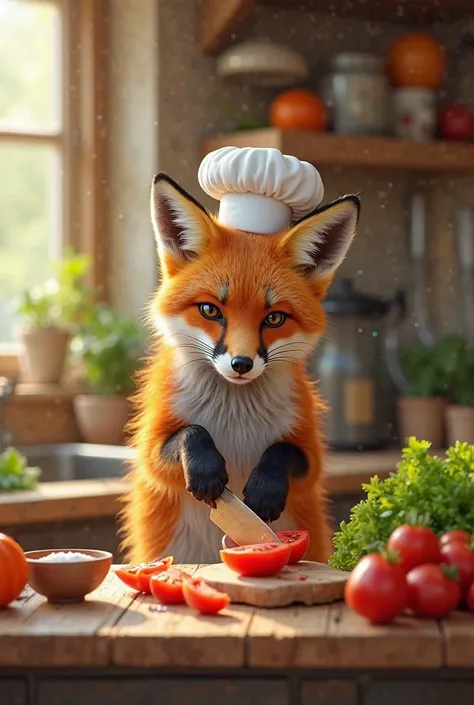 Making. Video An orange fox wearing a whimsical white chef hat stands on a small, wooden kitchen counter, showcasing its culinary skills as it expertly slices ripe, red tomatoes with a shiny knife. The cozy kitchen is filled with the warm glow of sunlight ...