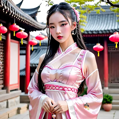 Curly Braids 、 pigtails、droopy eyes、pout，pink shiny enamel new Chinese style mini dress(Hanfu、 tight、 body conscious with pearls、see-through（Bra、 corsets、garter belt in the city of)is visible through)、 knee-high fishnet tights、Half Boots、