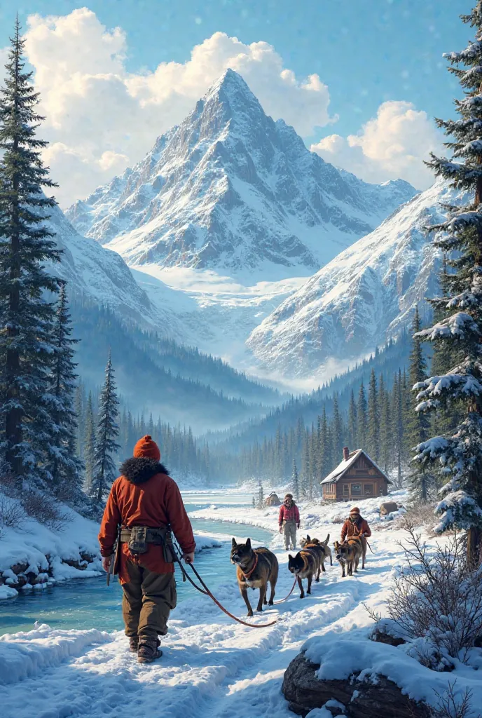 High-quality 4K artwork depicting a stunning Alaskan mountain landscape between the 19th and 20th centuries. The scene features rugged trappers in traditional clothing, navigating the wilderness with sled dogs, canoes, or by foot. Towering snow-capped peak...