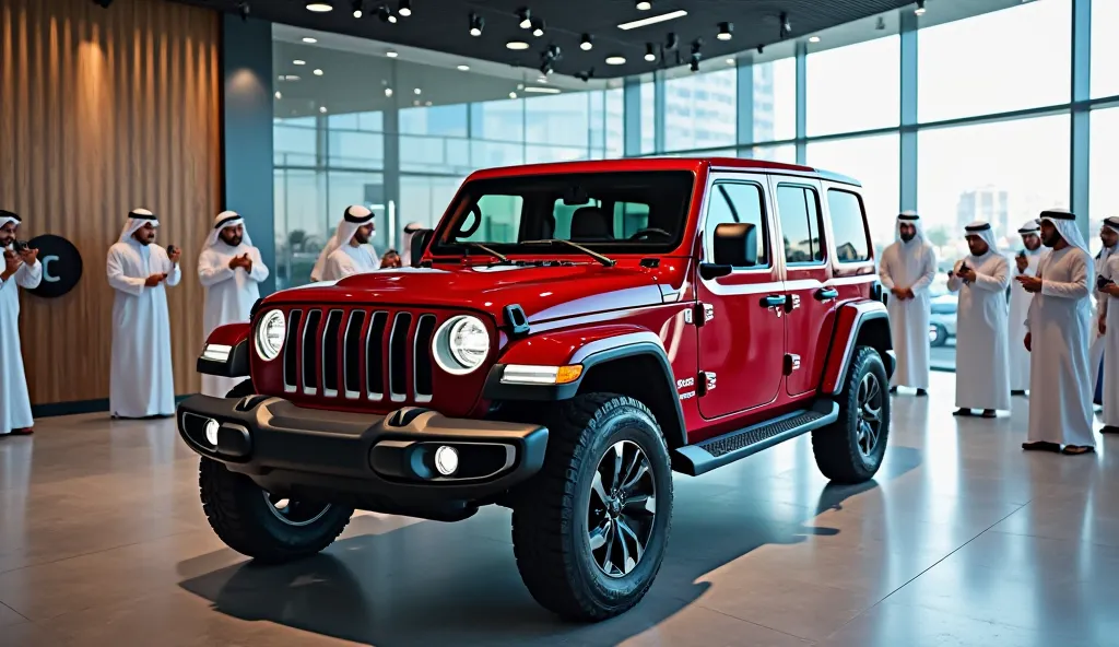 "A luxury car, [2025, Jeep Wrangler 4X4],[Metallic red] [Front left side]is parked inside a modern and stunning car showroom. The showroom is illuminated with bright lights reflecting off the Jeep metallic body. Around the car, people dressed in traditiona...