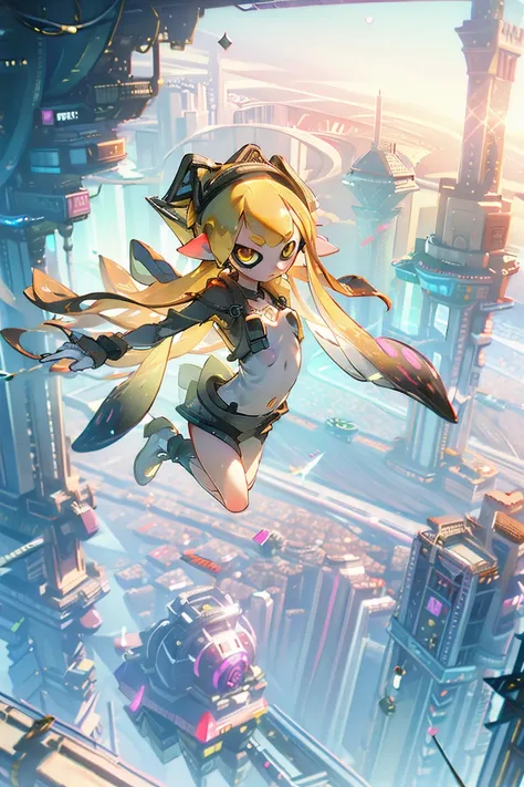 (very well detailed, masterpiece:1.2), very well detailedアートワーク, Highest quality, high resolution, surreal:1.37, (( Splatoon Girl ,  Golden Eyes 、length,  prism gradient tentacle hair against the backdrop of the cityscape))、 beautiful face、Big Breasts、Ches...