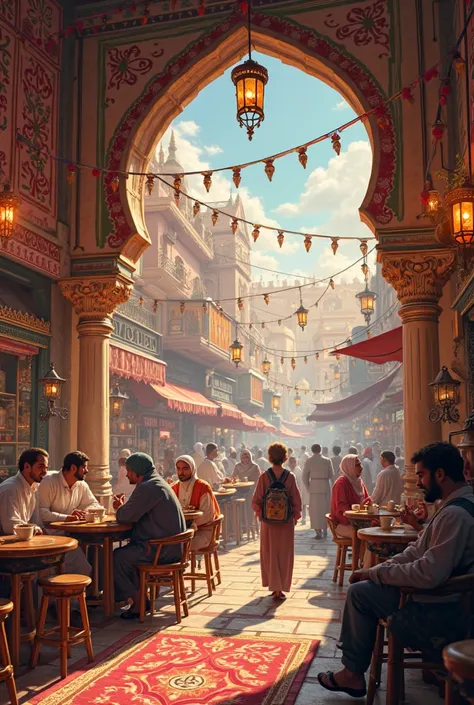 Make a realistic picture of a popular coffee shop in Egypt with a Ramadan atmosphere