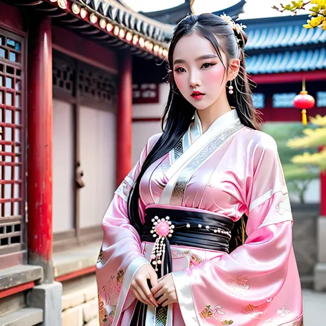 Curly Braids 、 pigtails、droopy eyes、pout，pink shiny enamel new Chinese style mini dress(Hanfu、 tight、 body conscious with pearls、see-through（Bra、 corsets、garter belt in the city of)is visible through)、 knee-high fishnet tights、Half Boots、full body、 kung fu...