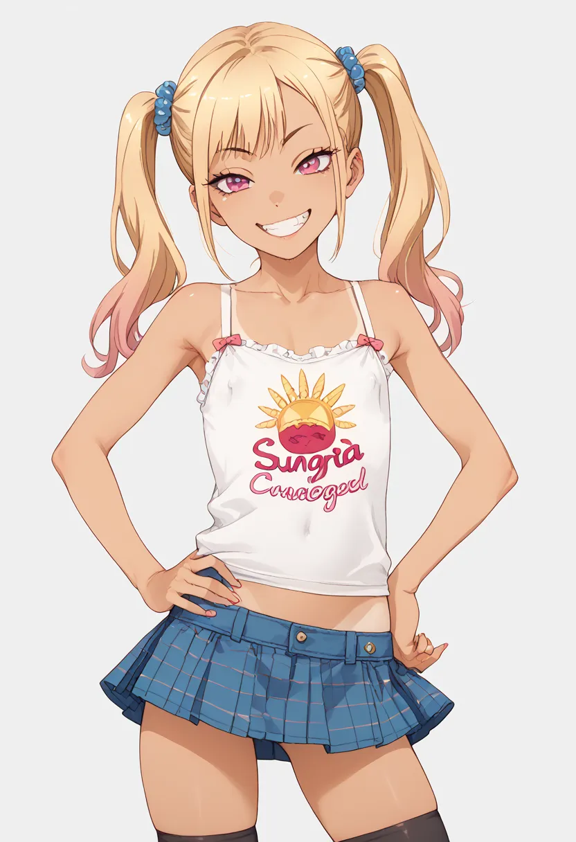 suntan,flat chested,smug face,camisole,female brat, twin tails,thighs,microskirt,super tight,hand on hip,print shirt,skirt,thighhighs,kitagawa marin,