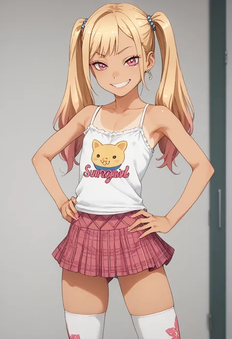 suntan,flat chested,smug face,camisole,female brat, twin tails,thighs,microskirt,super tight,hand on hip,print shirt,skirt,thighhighs,kitagawa marin,