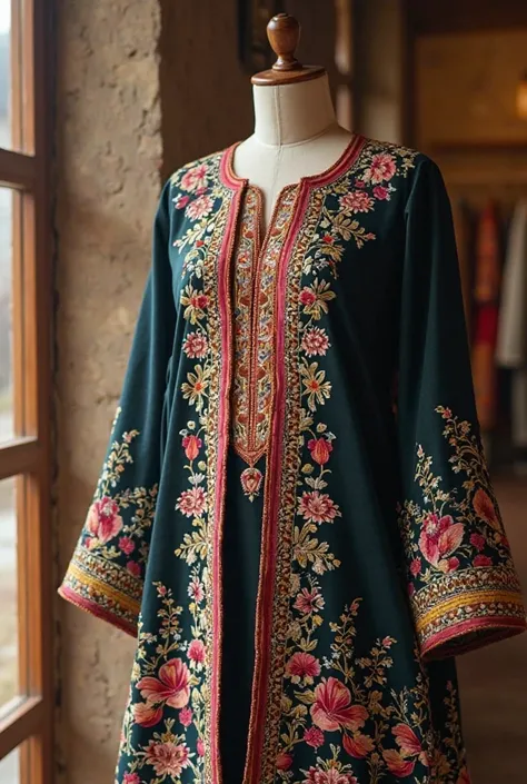  Scene 3: Showcasing Beautiful Kashmiri Outfits (Product Display)

Prompt:
"A beautifully designed Kashmiri Pheran with detailed embroidery and floral patterns displayed on a mannequin. The background is softly blurred to keep focus on the outfit. The fabr...