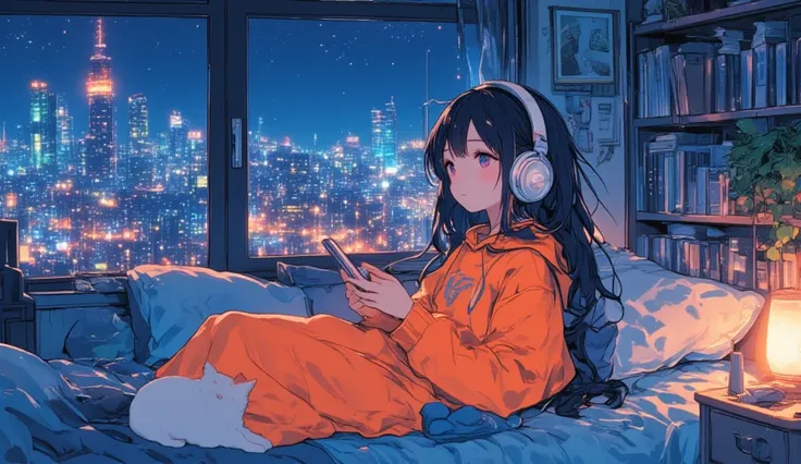  The image is an illustration of a 1girl, black hair resting on a bed in a bedroom. She is wearing a orange hoodie. She is wearing a pair of white headphones. The headphones are resting on her head, and she is holding a smartphone in her hand. The room has...