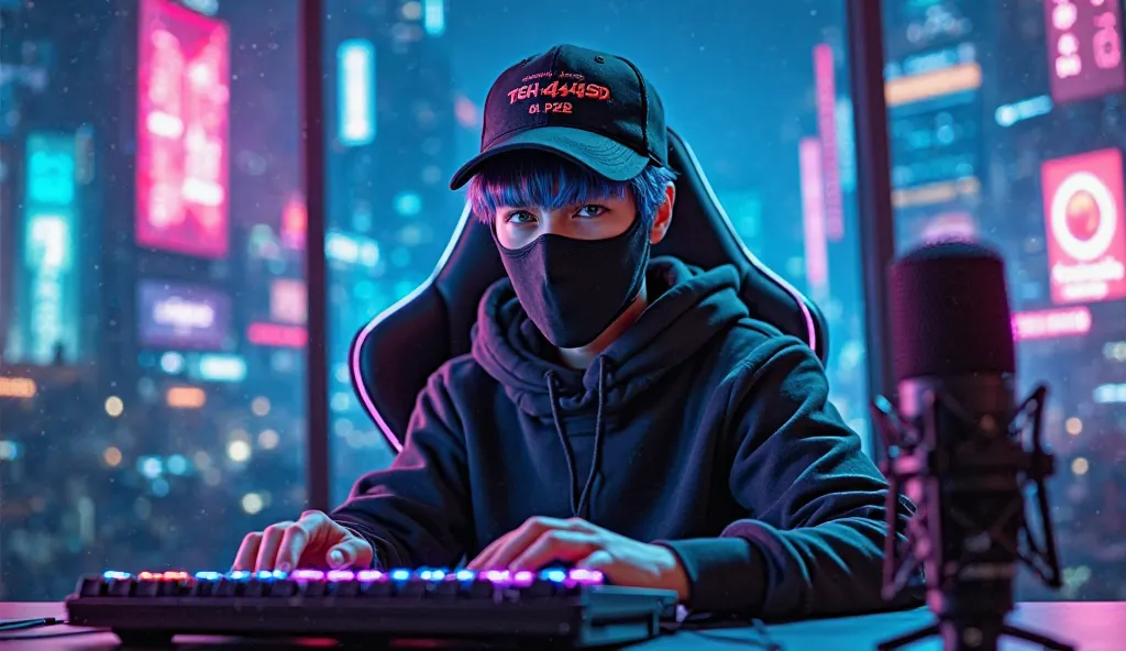  A futuristic cyberpunk-style gaming setup with a young male gamer wearing a black mask, hoodie, and a stylish cap with 'TECH44SSD' branding. He is sitting in a high-tech gaming chair, typing on a mechanical keyboard. The background features a neon-lit cit...