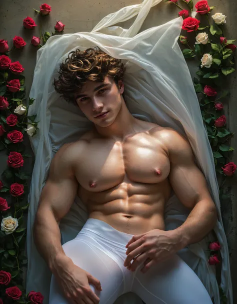 an young male, attractive, charming, cute, handsome, (seductive smile:0.6), sexy masculine, athletic, (25 year old), large pectorals, (puffy nipples:1.3), in white transparent compression tight, white transparent fabric, laying on coffin holding a one red ...