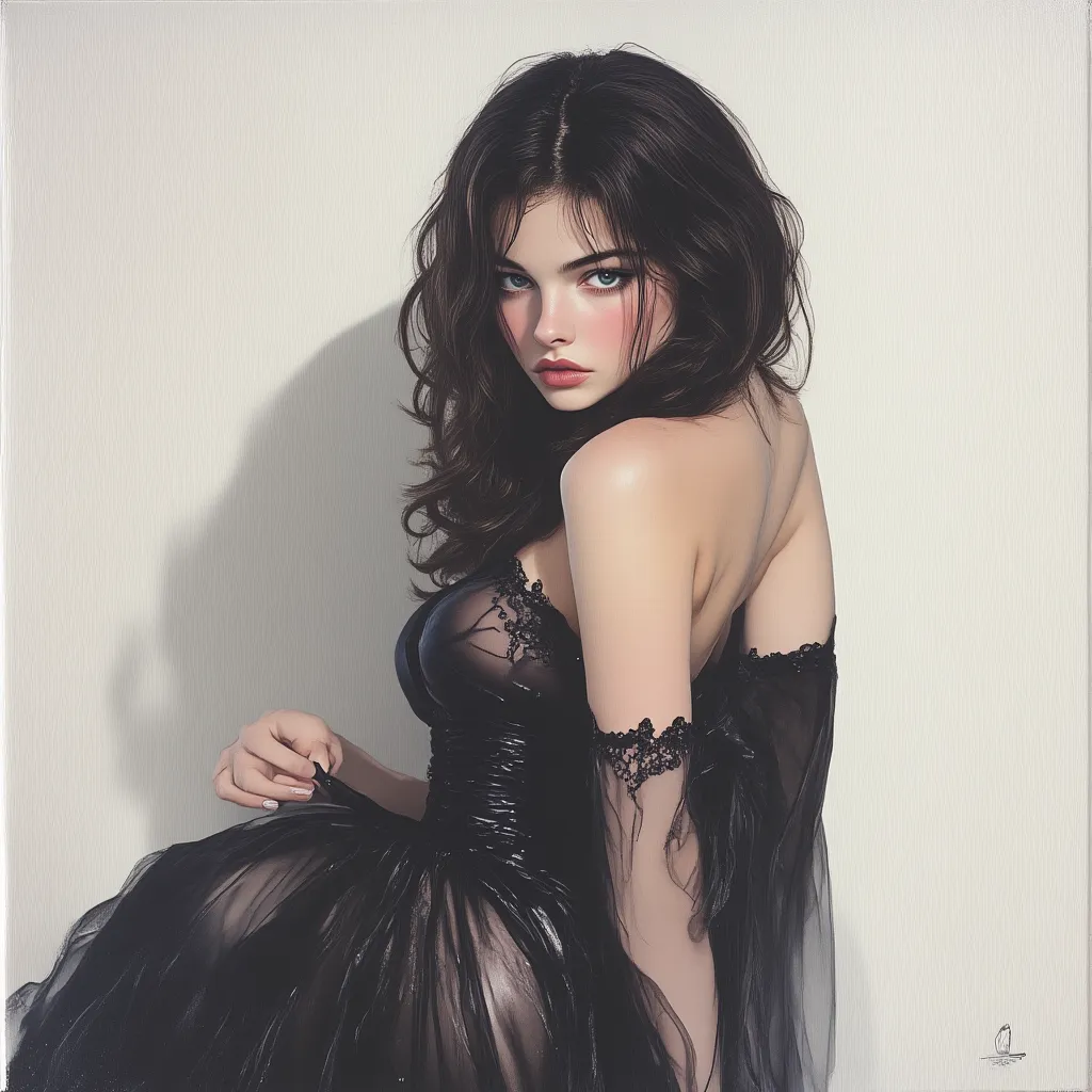 Realistic style painting,  soft light, the 20-year-old Russian woman with gray eyes and long hair,  wavy and jet black . The waves are loose and somewhat disheveled, which gives her a relaxed look, big lips and perfect nose. She's wearing a black corset-st...