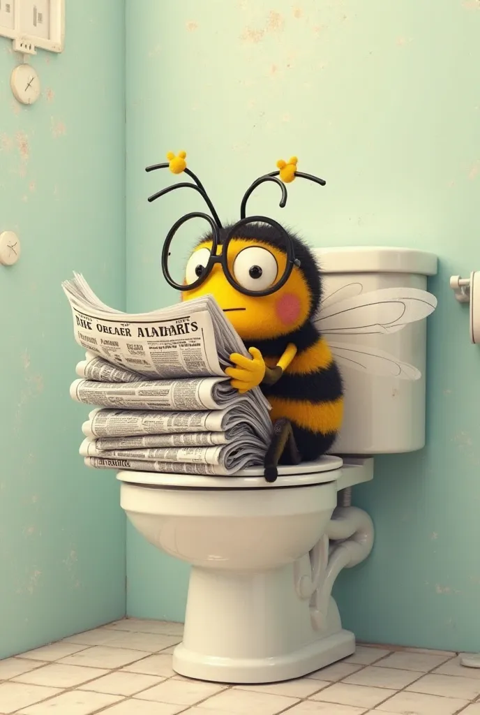 a bee with glasses on sitting on a toilet reading newspapers