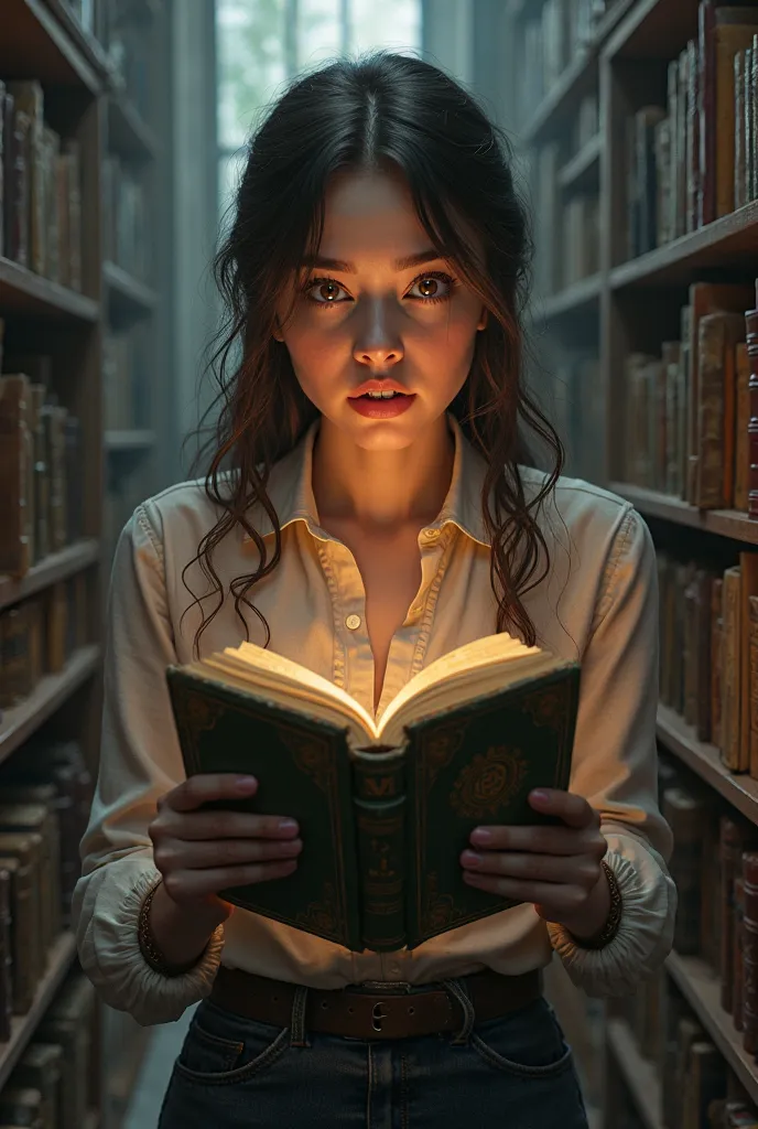 A young woman standing in the library looks in surprise at a book in her hand, She looks at a book in her hand in amazement. Book name "Forbidden".