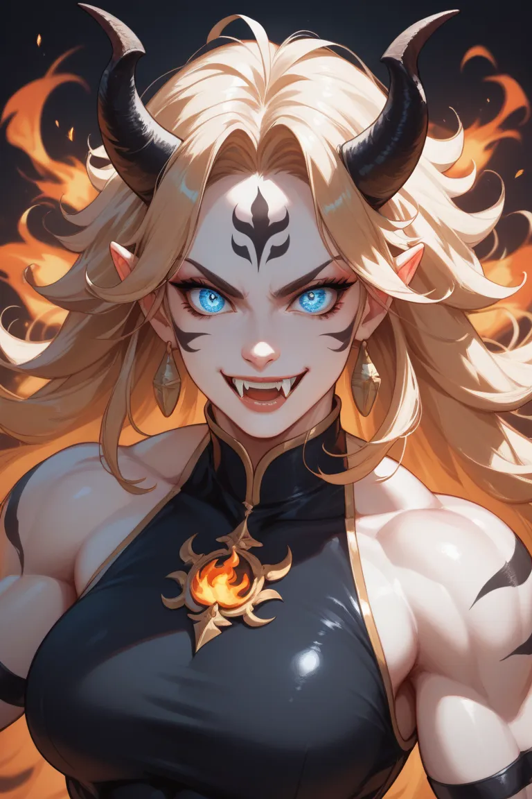 A powerful demonic warrior of an imposing appearance, with white skin and black stripes like a tiger.  His body is muscular, but with well-defined feminine features.  She has curved horns , sharp fangs and shiny eyes. Her long hair floats slightly, surroun...