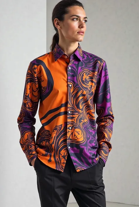 Orange othersize modern shirt with purple and black patterns 
