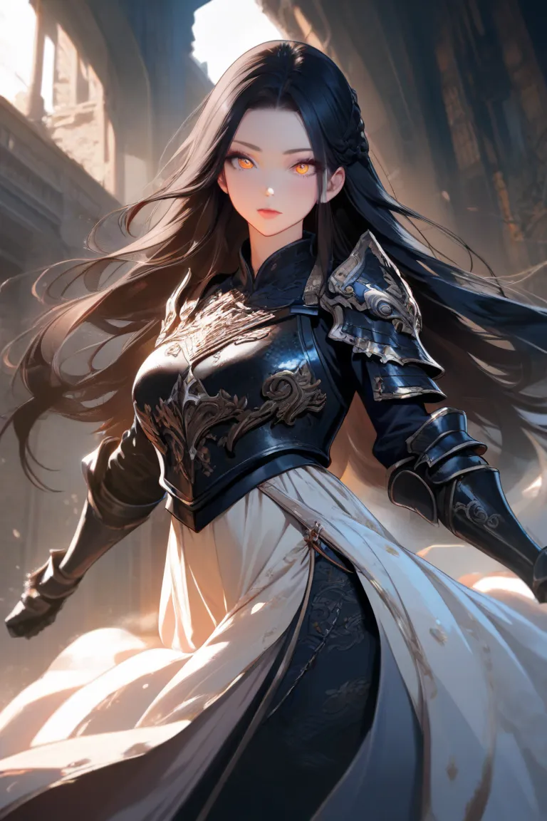 masterpiece, best quality, high score, great score, absurdres, black hair, amber eyes, flowing big dress, breastplate, gauntlets, white skin, detailed eyes, detailed hair, detailed clothing, realistic background, natural lighting, refined adge, face focus,...