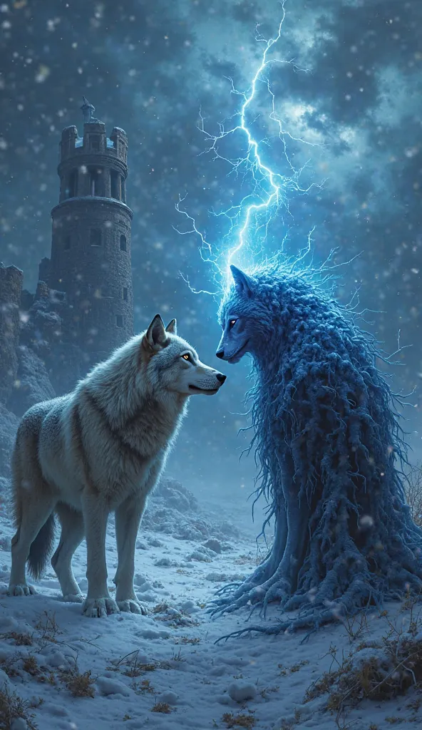 A majestic wolf and the embodiment of the night stand face to face, locked in an intense, silent confrontation. The wolf, its thick fur dusted with snow, has piercing, glowing eyes that reflect the storm above. Opposite it, the night takes form—a shadowy, ...