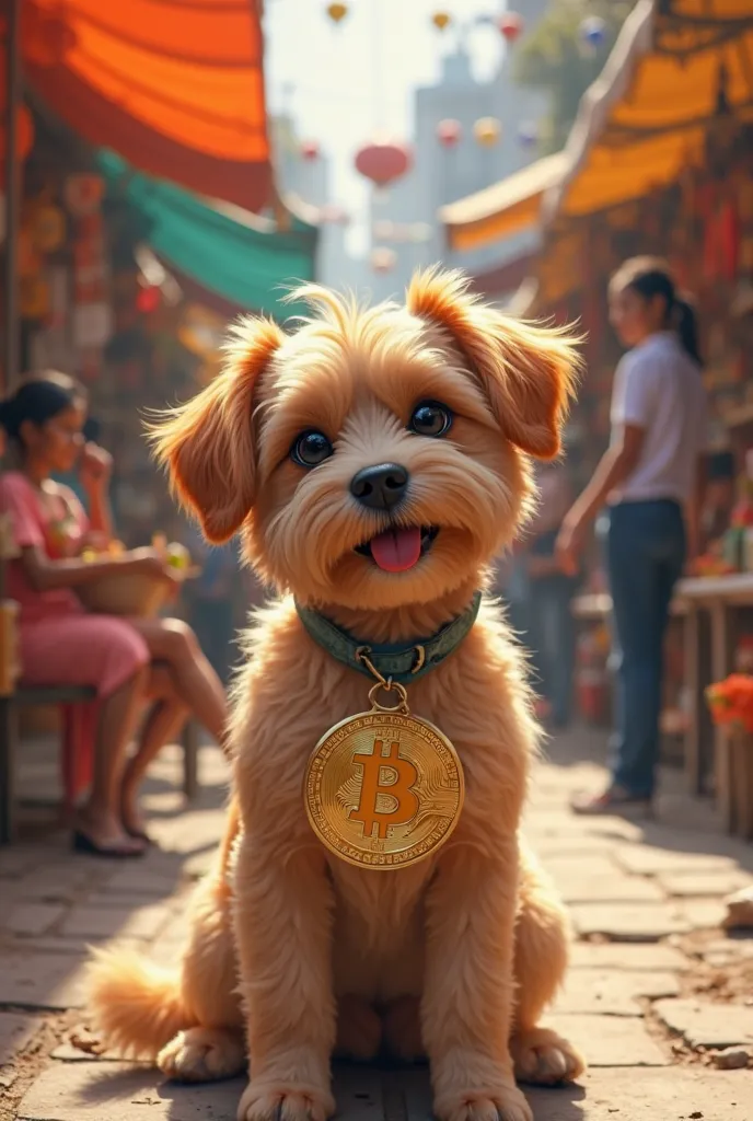 Dog with bitcoin logo,at market