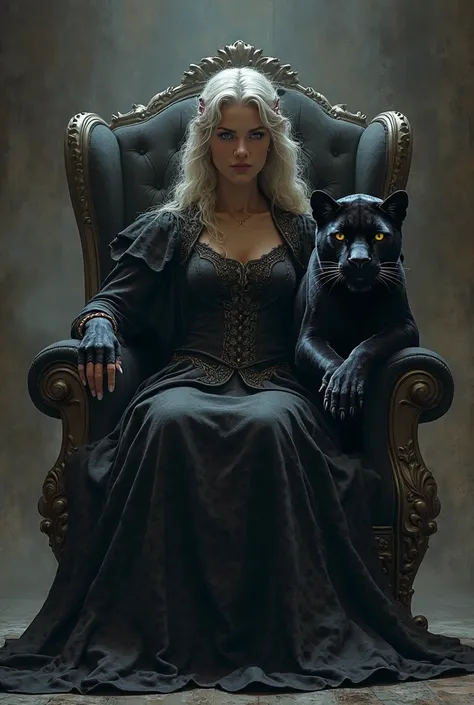 Dominating girl sitting in a chair and a black panther sitting next to her chair 