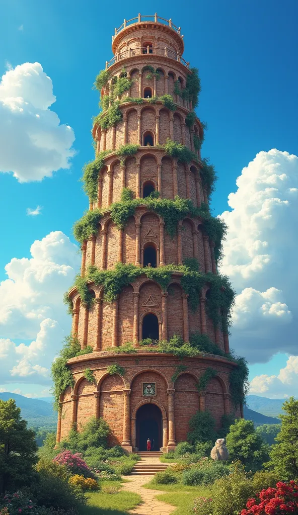 “Picture the Tower of Babel rising majestically to the sky, built of bricks, with many levels and terraces decorated with green plants and flowers. In the background is a bright blue sky with fluffy clouds, creating an atmosphere of grandeur and ambition