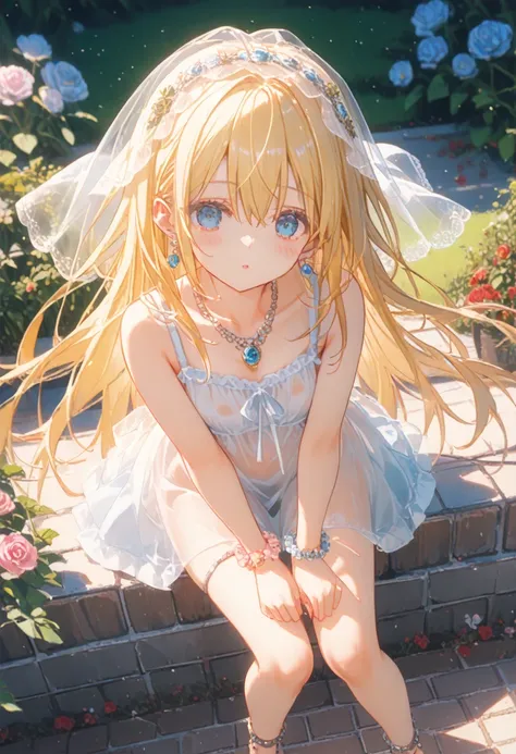 long blonde hair、Blue eyes、(((NSFW)))、Stroll through the rose gardens、Veil、Toddler girl、、Her breasts are visible through her see-through mini camisole、(((naked)))、 open、Photographing the crotch from directly below、Jeweled Hair Ornaments、gemstone necklace、J...