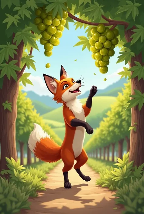 In a beautiful vineyard there is a fox standing on its hind legs trying to pick up the green grapes from above 