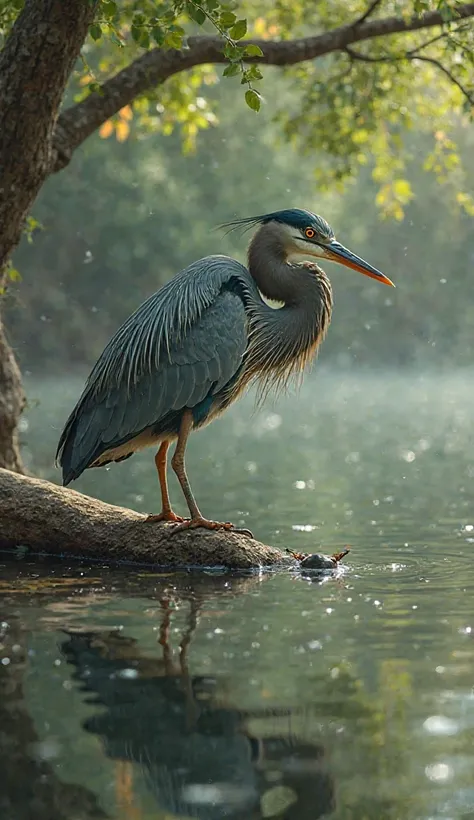 Green heron bird eating fish in the lake wooden log, greenery background