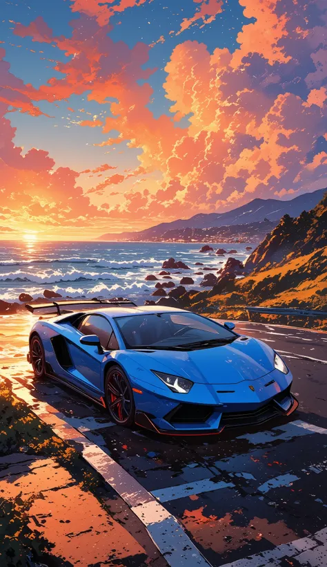 A high-performance blue Lamborghini Aventador with red rims, driving along a winding coastal road during a breathtaking sunset. The sky is a mix of warm orange and deep blue, with dramatic clouds reflecting the last light of the day. Waves crash against th...