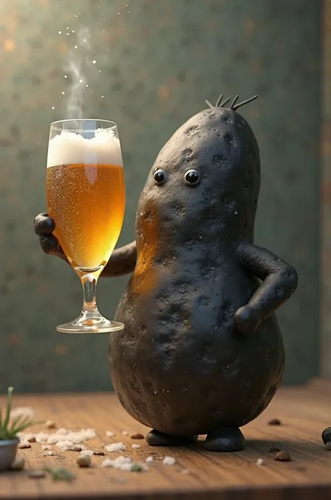 A black potato in front, toasting with a glass containing a liquid similar to beer
