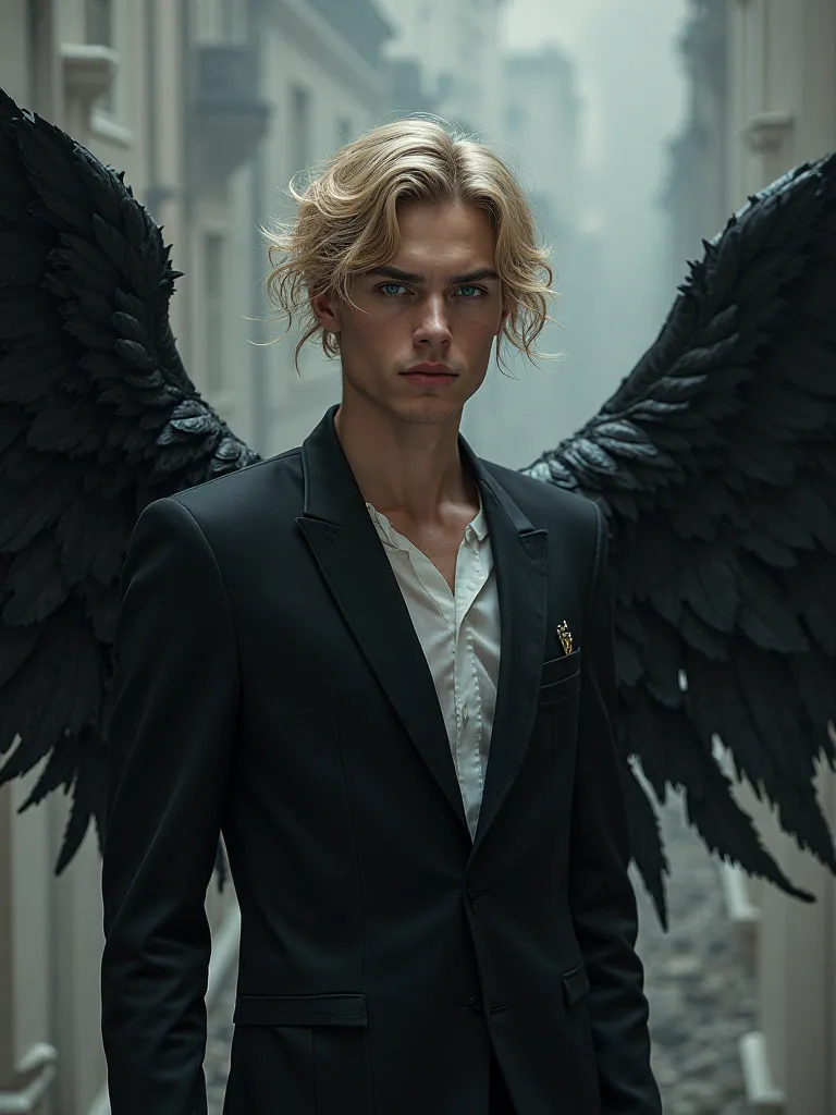 Male 23-year-old male, half demon, half angel on his back, a black wing and a white wing, and eyes with intense dark blue eyes and golden hair standing in a black and white outfit. 