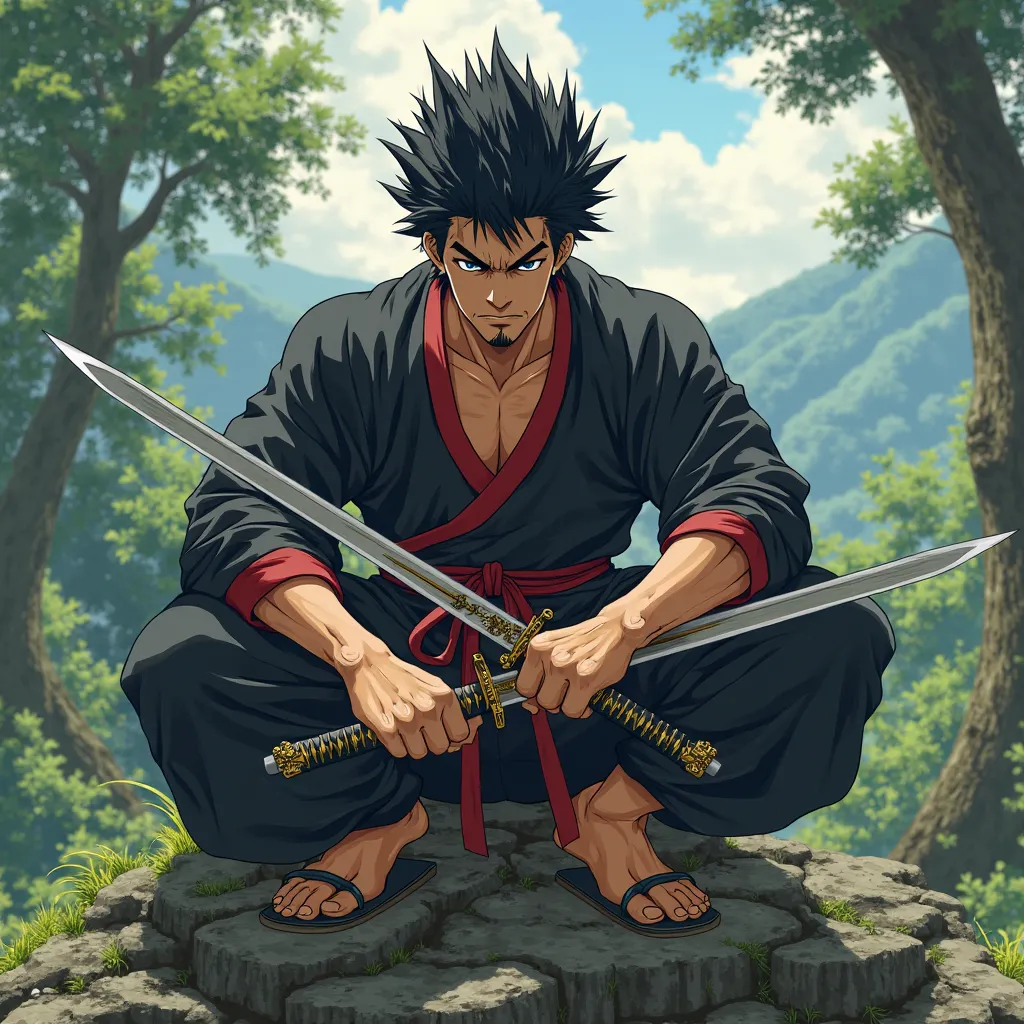 Spikey haired anime  fighter with dual wield swords sitting on a rock wearing a black and red Gi brown skin 