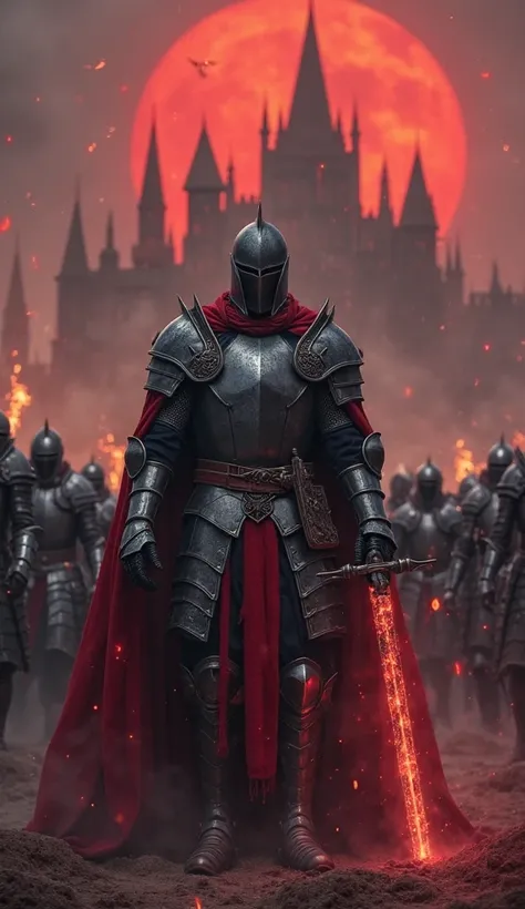 "A dark and ominous medieval battlefield. An army of heavily armored knights stands in formation, their polished steel armor reflecting the dim, blood-red sky. Their leader, clad in intricate black and silver plate armor, grips a massive sword pulsating wi...