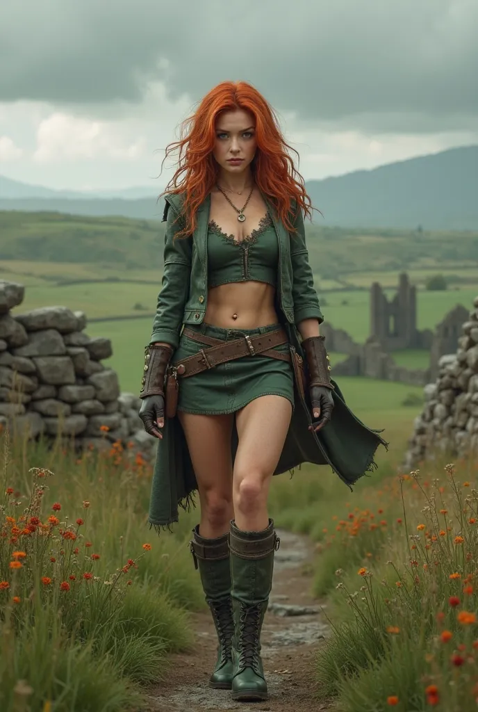 Athletic Irish ranger girl wearing a green leather croptop and a green leather mini-skirt and green boots. Outdoors in the Irish countryside