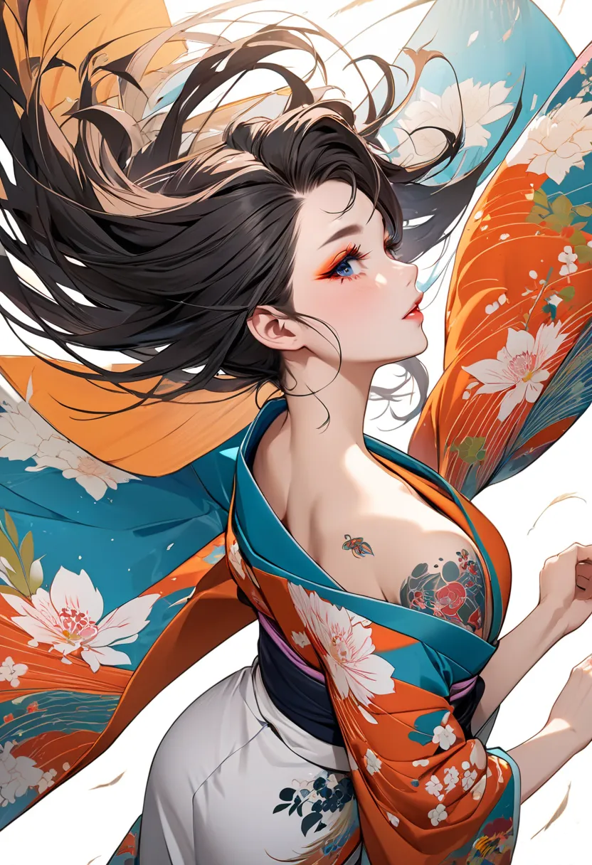 A woman in a kimono confronting gusts of wind, The Hall in the Wind々A dignified woman who walks with, Highlight beautiful, fluttering kimonos, Highlight artistic tattoos, Contemporary art on the theme of kimonos and tattoos fluttering in the wind, Kimonos ...