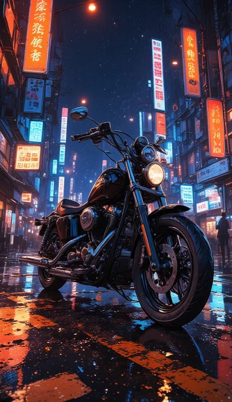 Dark, rain-slicked street in a vibrant Asian city at night.  A classic, black motorcycle, low-slung and detailed, is the central focus, parked on a wet asphalt surface that reflects the vibrant neon signs.  Neon signs with Chinese characters, vibrant orang...