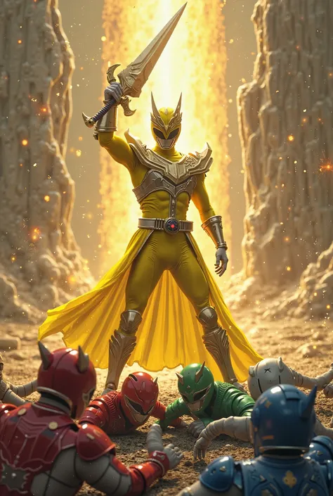 Yellow power Ranger with mythical sword beating red, blue and green warriors