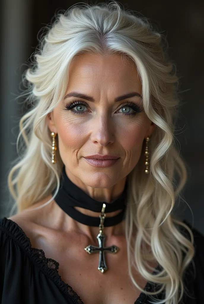 A rich mature lady,  extremely pretty , black eye makeup, long curly platinum blonde hair, tied up, 56 years old, WK 2 Knight Cross Fabric Choker).