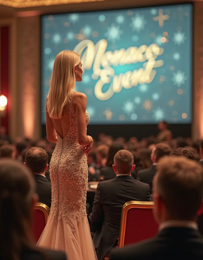 A grand, prestigious award ceremony in Monaco. The perspective is cinematic, capturing the scene from the audience's point of view. In the foreground, the backs of elegantly dressed attendees are visible, seated and attentively watching the stage. The focu...