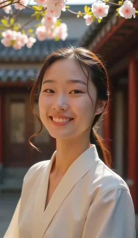 "A serene close-up of a person with a peaceful, harmonious expression. Their face is calm and welcoming, showing a deep inner kindness. The background features a traditional Chinese courtyard with blooming flowers and wooden beams. The lighting creates a s...