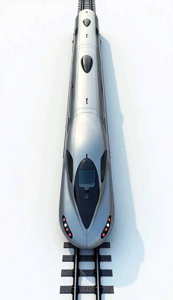 A high-resolution, photorealistic aerial view of a sleek bullet train, perfectly aligned. The train, featuring a modern, aerodynamic design with smooth, streamlined curves and a glossy finish, is shown in great detail, including windows, doors, and subtle ...