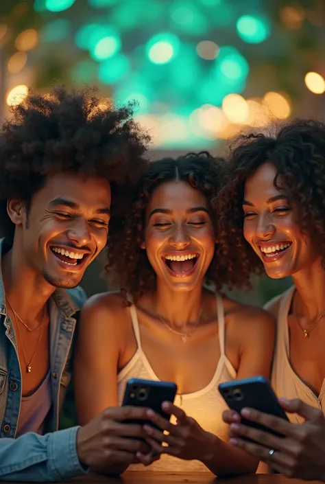 A diverse group of smiling friends laughing while using phones, with a soft green blockchain glow in the background, warm and friendly vibe, 1200x675 resolution