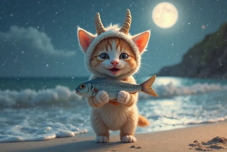 kitten wears a baby goat costume、 ear、Holding a stuffed fish in hand、 is laughing。beautiful beaches。 moonlight 。
 real kittens。Humans don't come out。